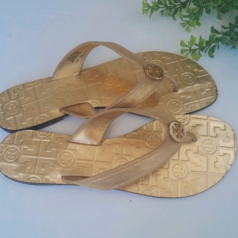 New Tory Burch Metallic Gold Leather Sandals.